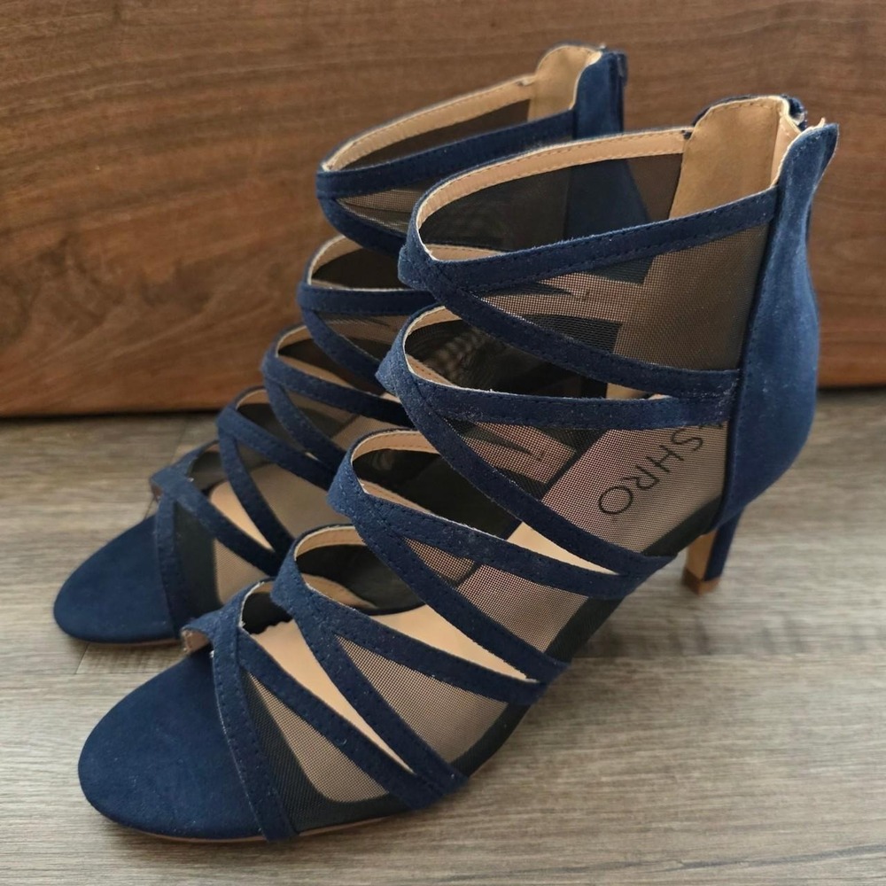 Ashro Pasha Navy Blue Gladiator Mesh Caged Heels Women's 8.5M
